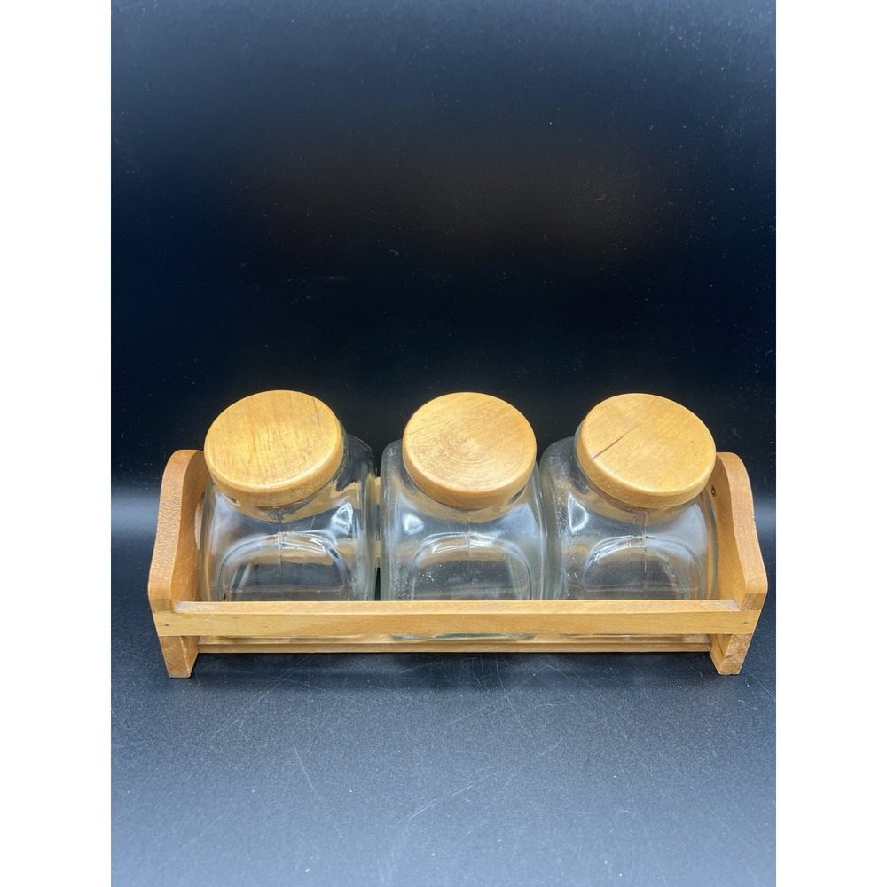 Set Of Canister Spice Jars Oak Wood Lids Old Country Glass Vintage Grannycore